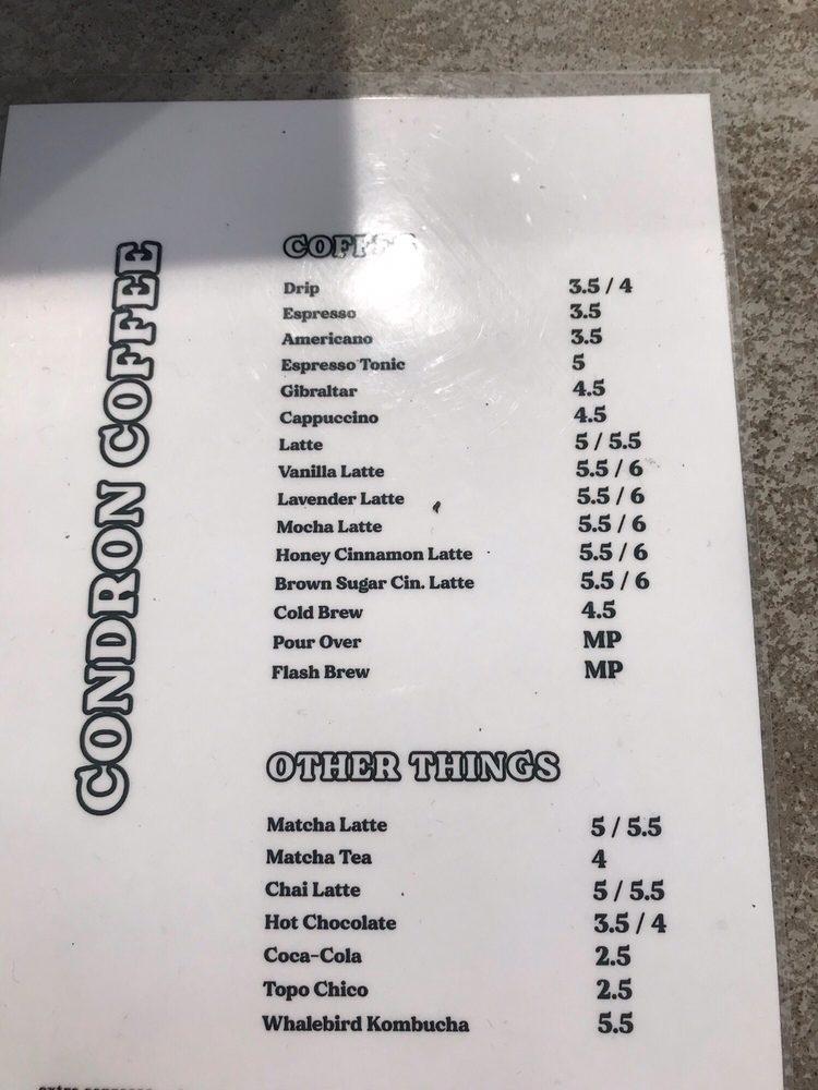 Menu at Condron Coffee restaurant, Riverside, Sunnyside Dr