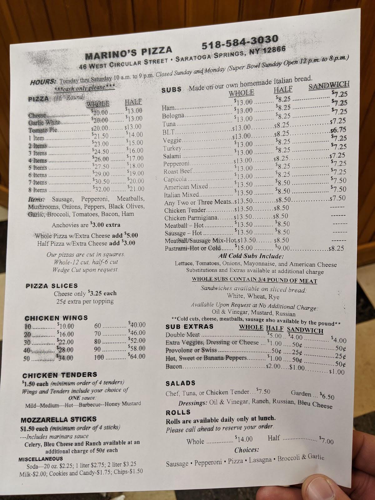 Menu at Marino's Pizza pizzeria, Saratoga Springs