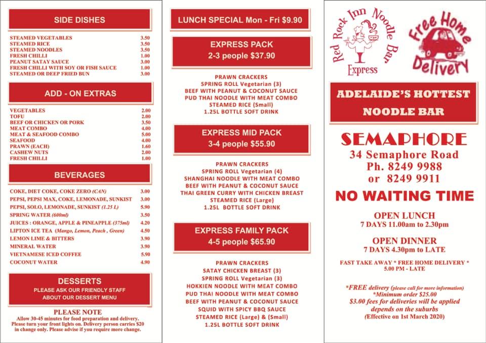 Menu at Red Rock Noodle Bar, Semaphore, 33 Semaphore Rd