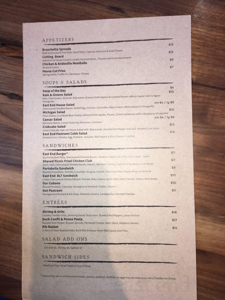 Menu at East End Grill pub & bar, Lafayette