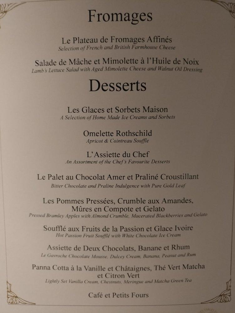 Menu at Le Gavroche restaurant, London