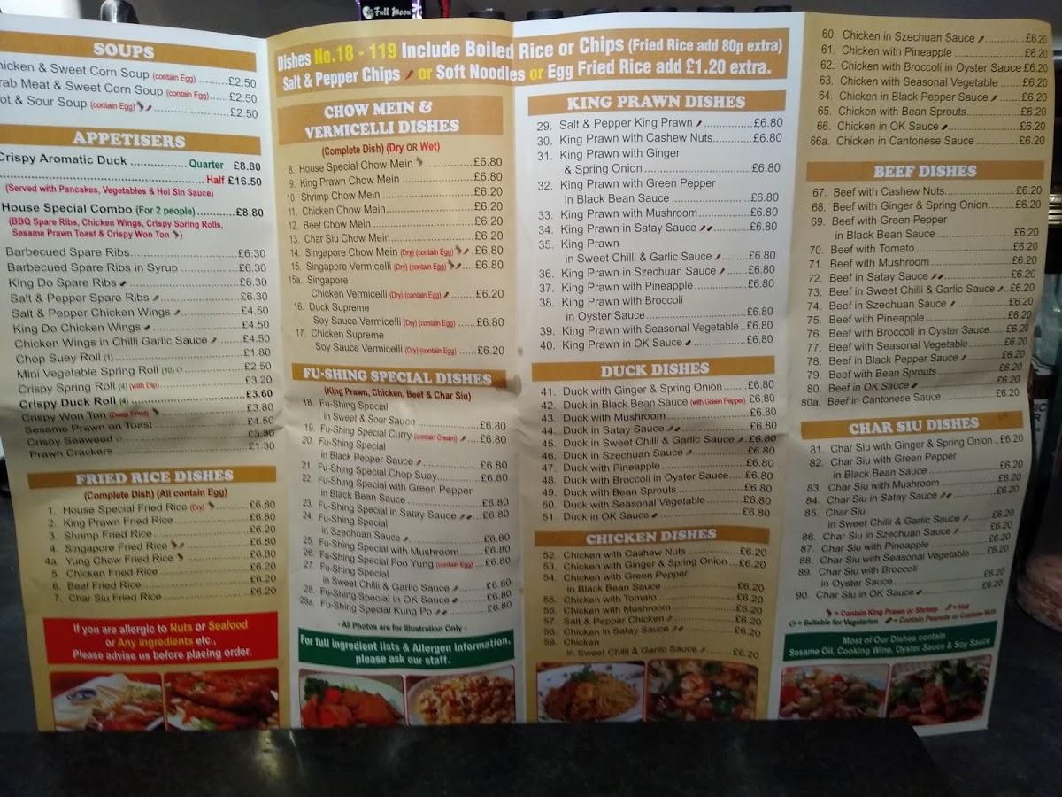 Menu At Fu Shing Fast Food Glossop