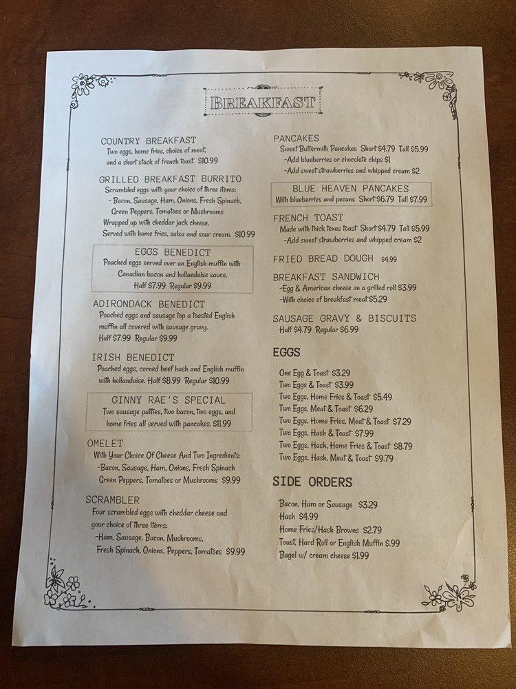 Menu at Ginny Rae's Diner restaurant, Hudson Falls