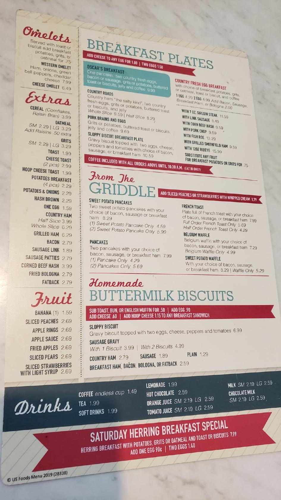 Menu at Oscar's Restaurant, Roanoke Rapids