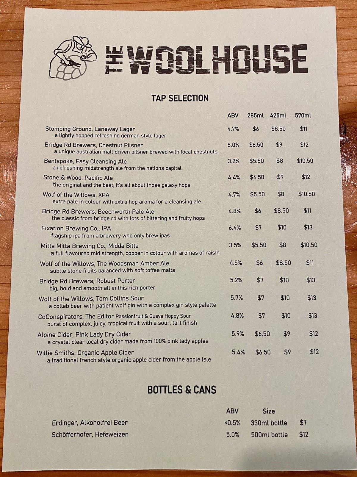 Menu at The Woolhouse pub & bar, Albury