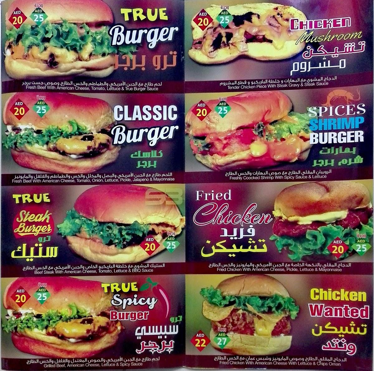 Menu at True Burger cafeteria, Al Ain