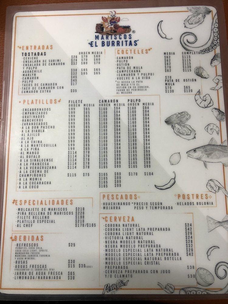 Menu at Mariscos el Burritas restaurant, San Juan de los Lagos, Calle