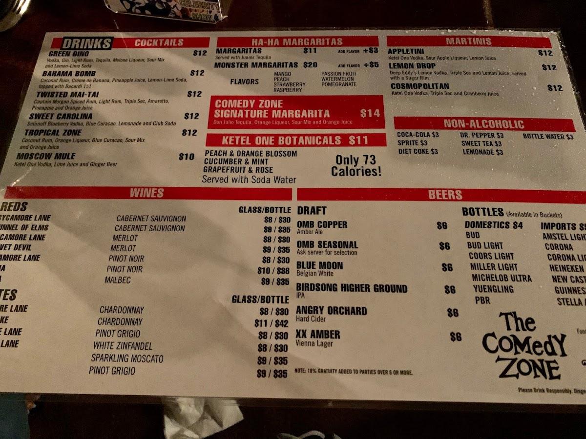 Menu at The Comedy Zone club, Charlotte