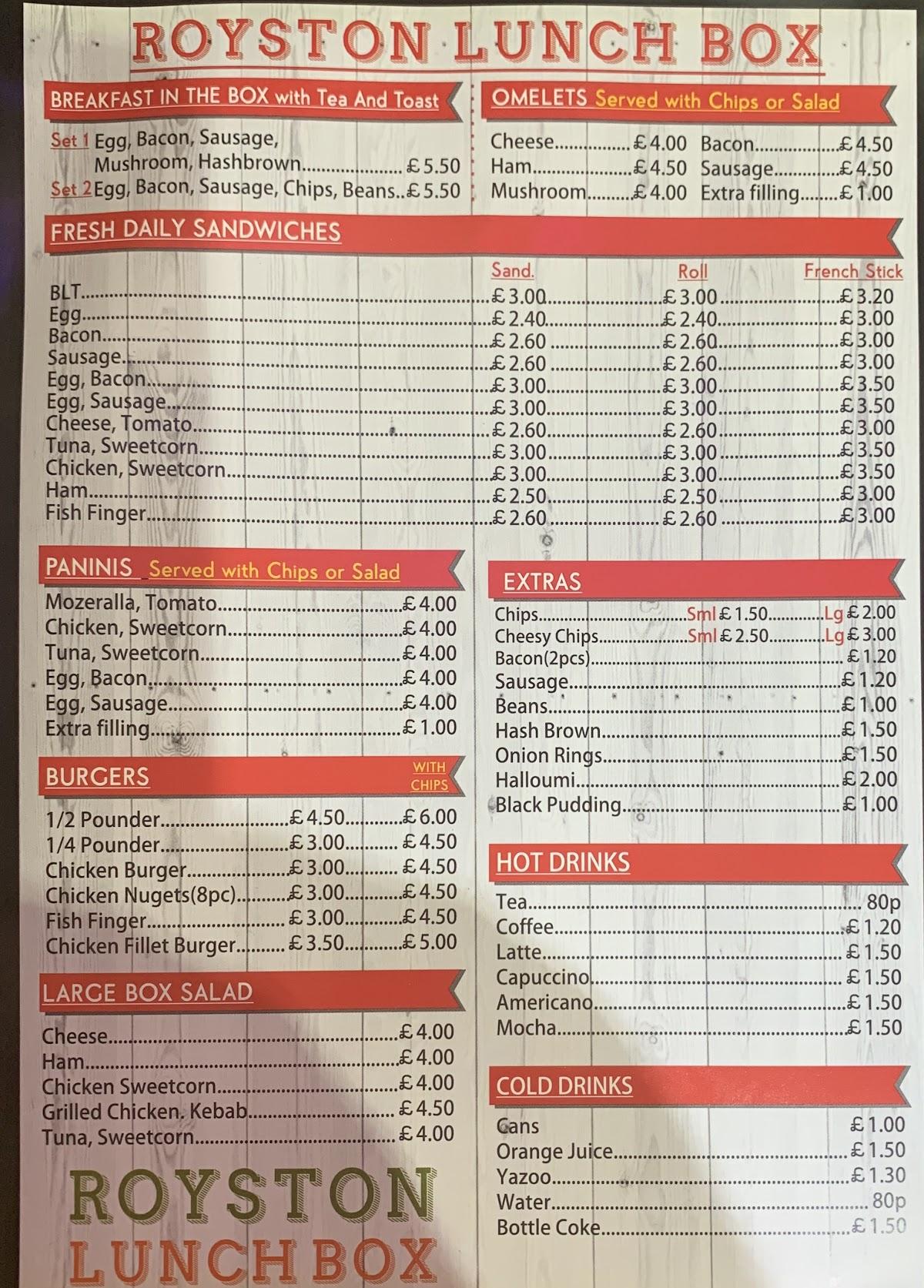 Menu at Royston Lunch Box cafe, Royston