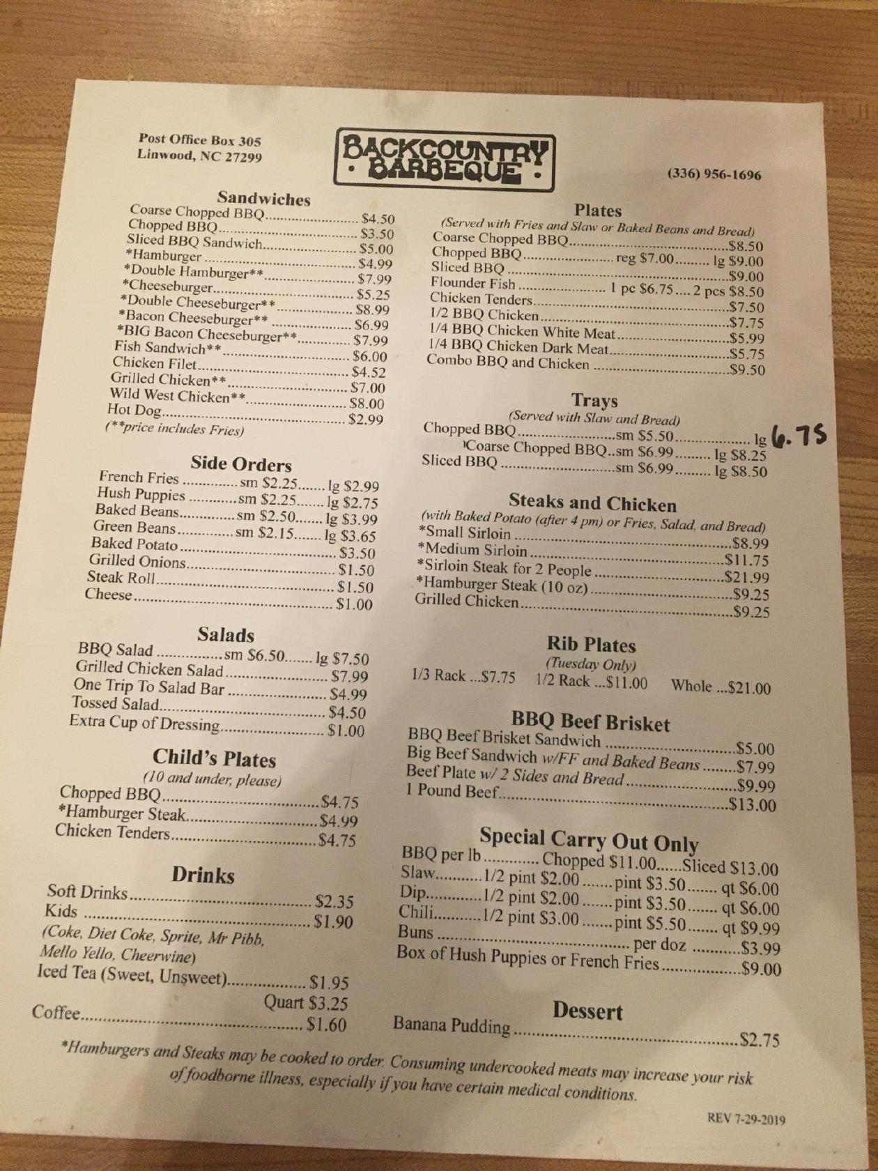 Menu at BackCountry Barbeque, Lexington, LinwoodSouthmont Rd