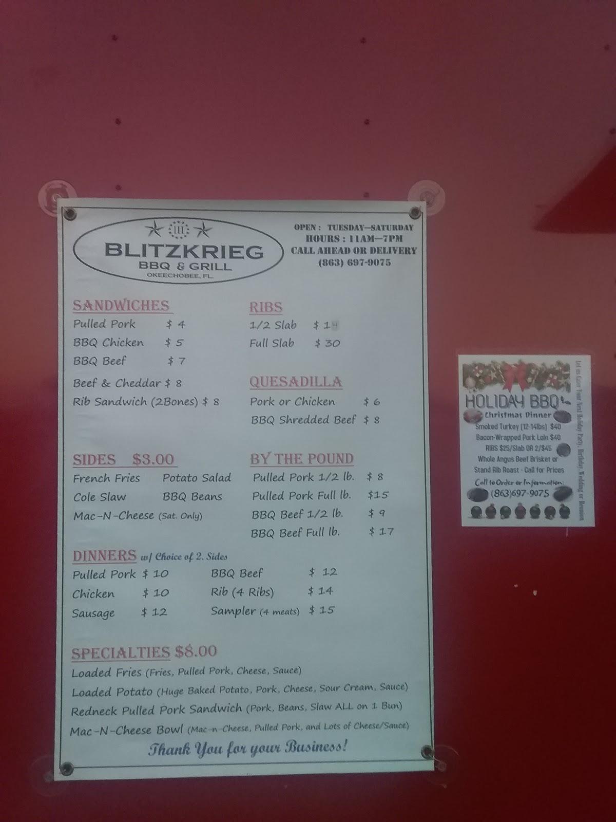 Menu at Blitzkrieg BBQ & Grill, Okeechobee