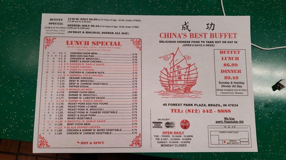 Menu at China's Best Buffet restaurant, Brazil