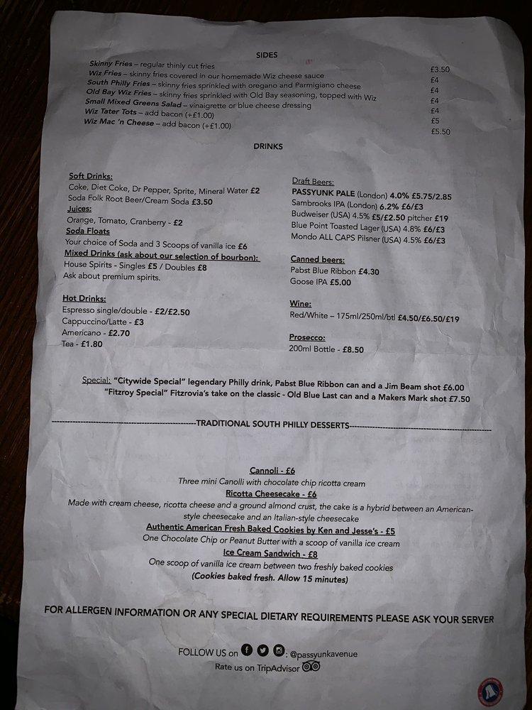 Menu at Passyunk Avenue (Fitzrovia) restaurant, London, 80 Cleveland St