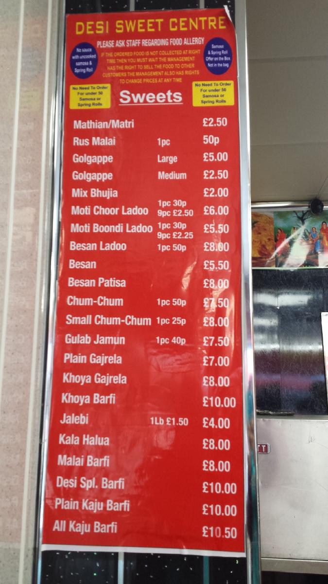 Carta del restaurante Desi Sweet Centre, Derby