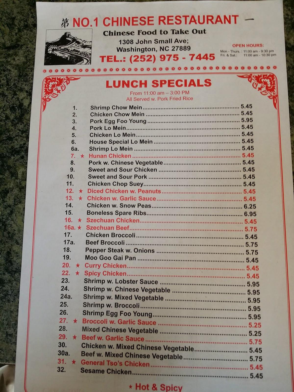 Menu at No 1 Chinese Restaurant, Washington