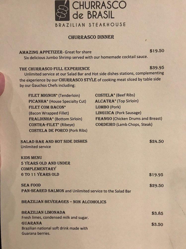 Menu at Churrasco de Brasil Brazilian Steakhouse, Tucson
