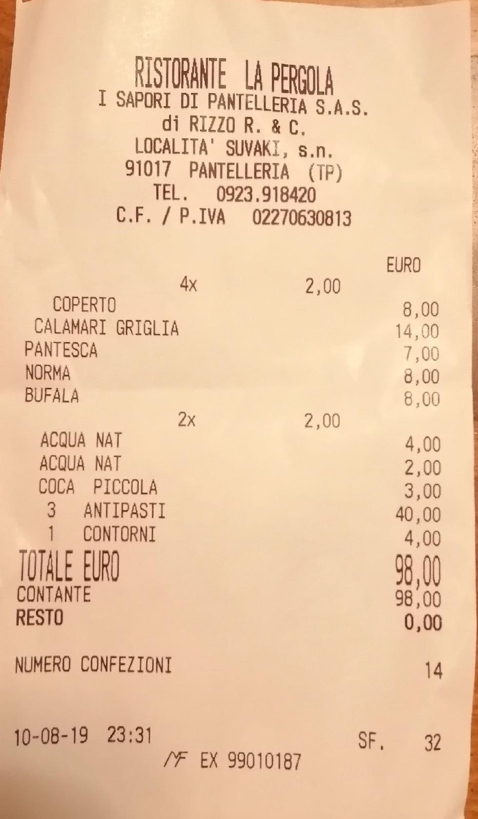 Menu at La Pergola Ristorante Pizzeria, Pantelleria, Localita` Suvaki
