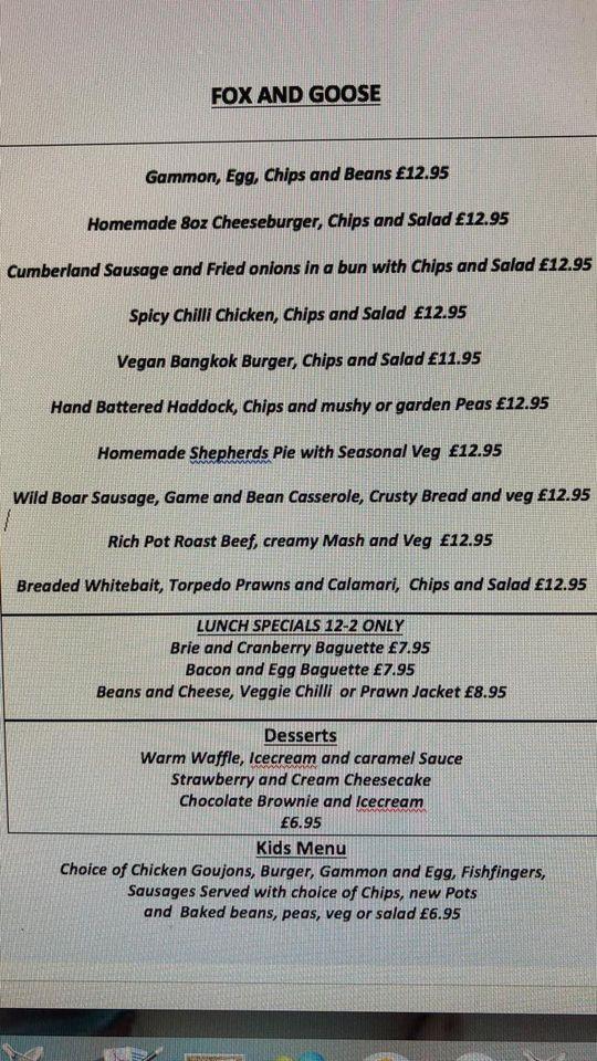 Menu at Fox & Goose pub & bar, Greywell, The St