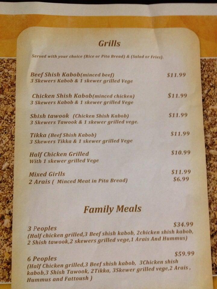 Menu at Shish Kabob restaurant, Erie