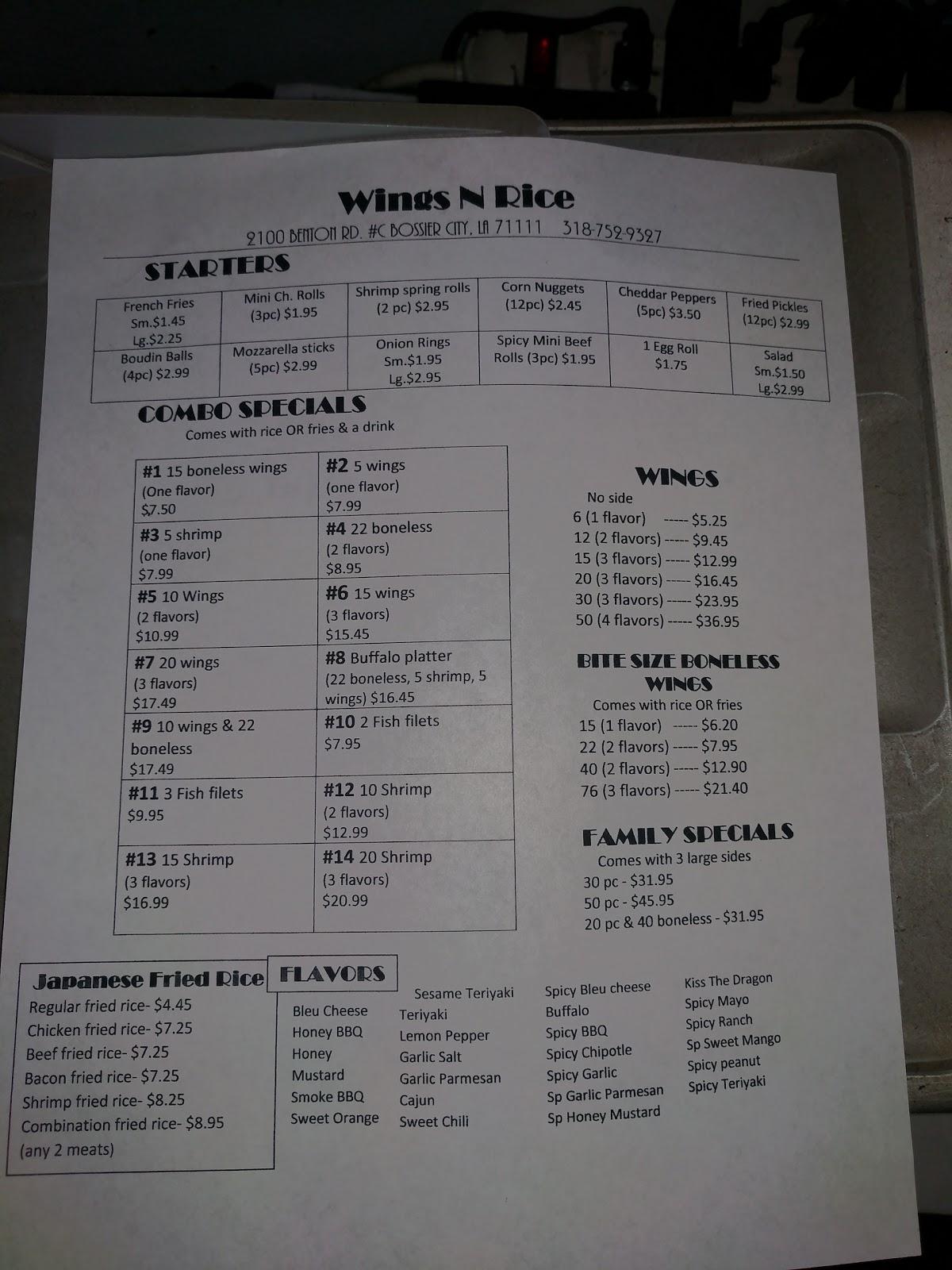 Menu at Wings 'N' Rice restaurant, Bossier City
