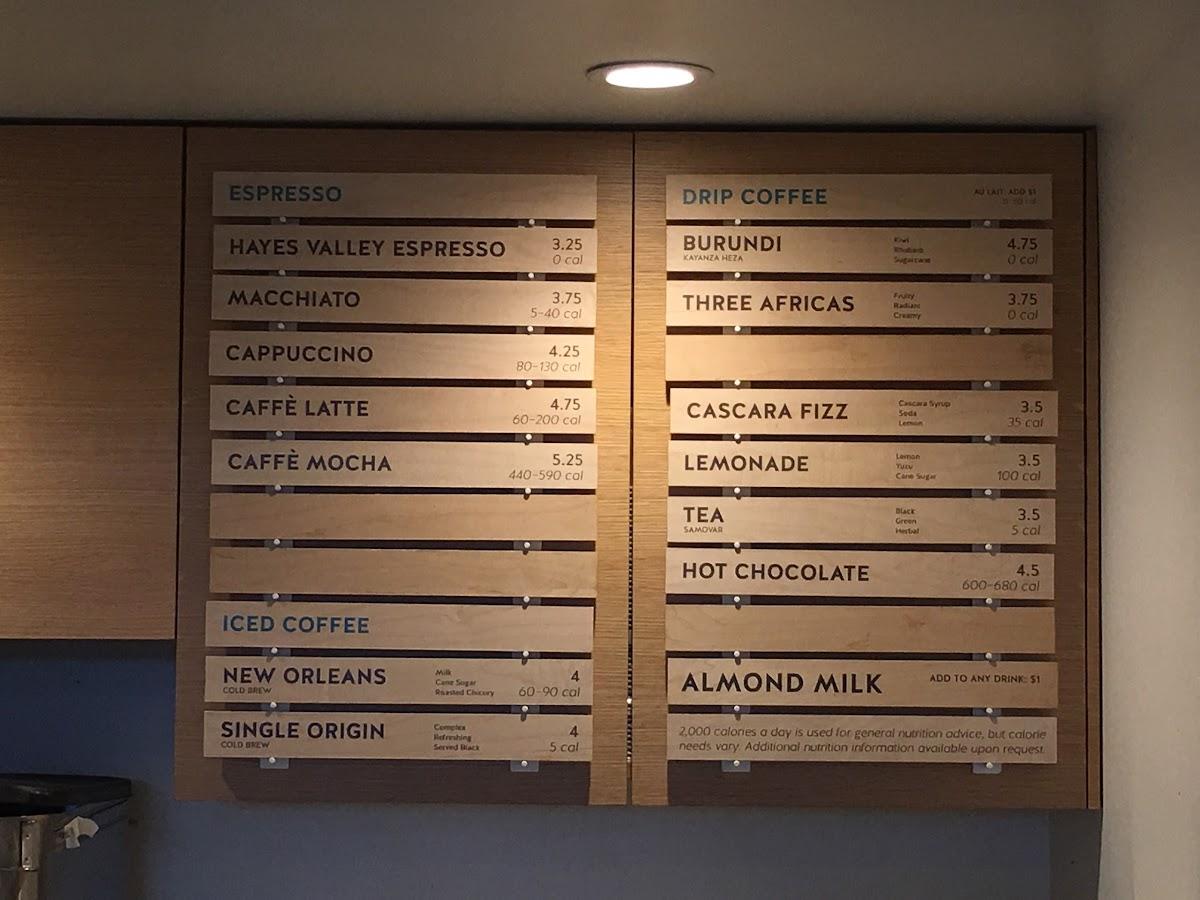 Menu at Blue Bottle Coffee restaurant, Culver City, Washington Blvd