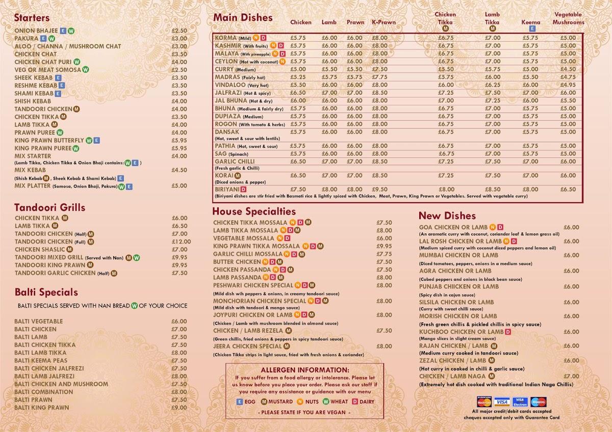Menu at Garam Masala restaurant, Folkestone, 105 Canterbury Rd