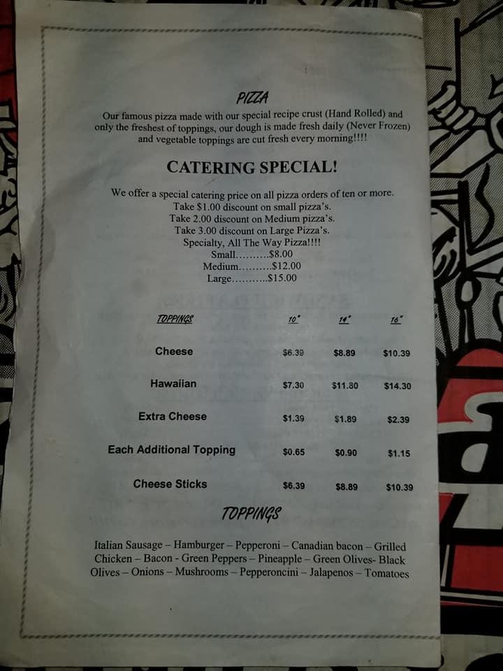 Menu at Grumpy's Pizza pizzeria, Arab