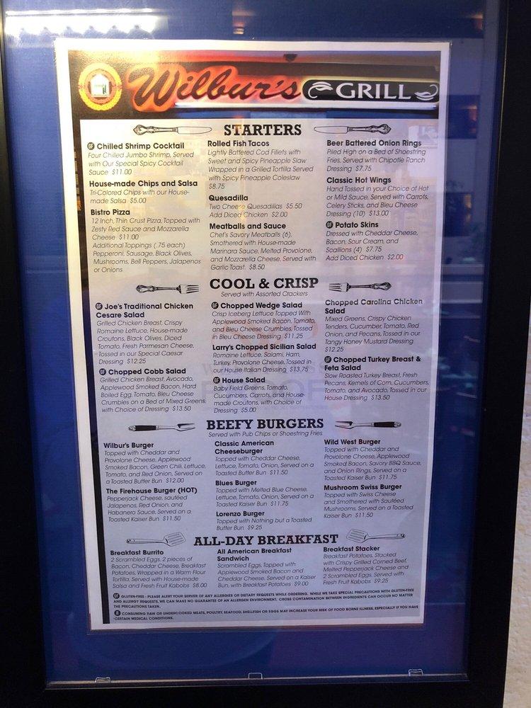 Menu at Wilbur's Grill restaurant, Tucson