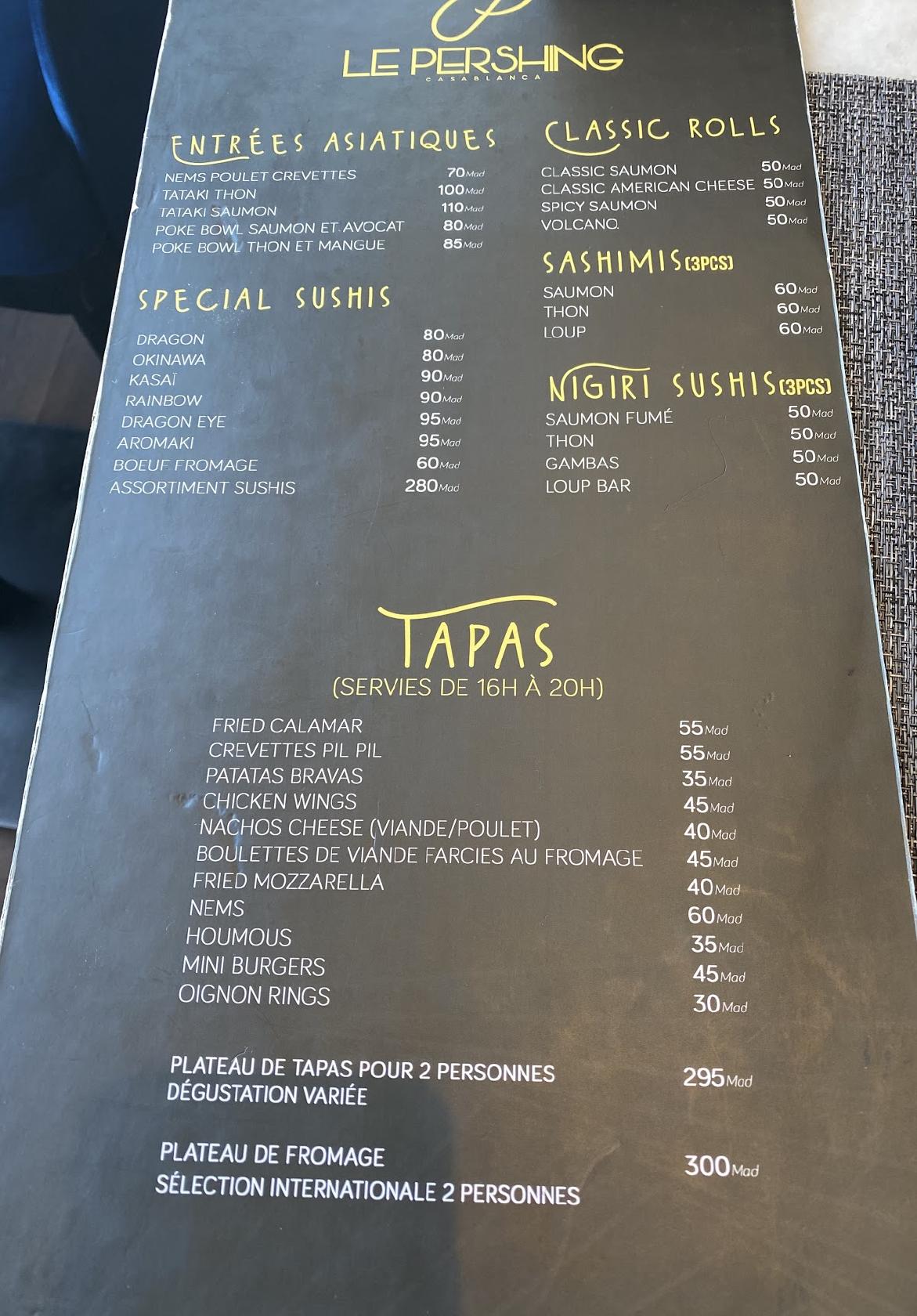 Menu au Le Pershing Casablanca restaurant, Casablanca