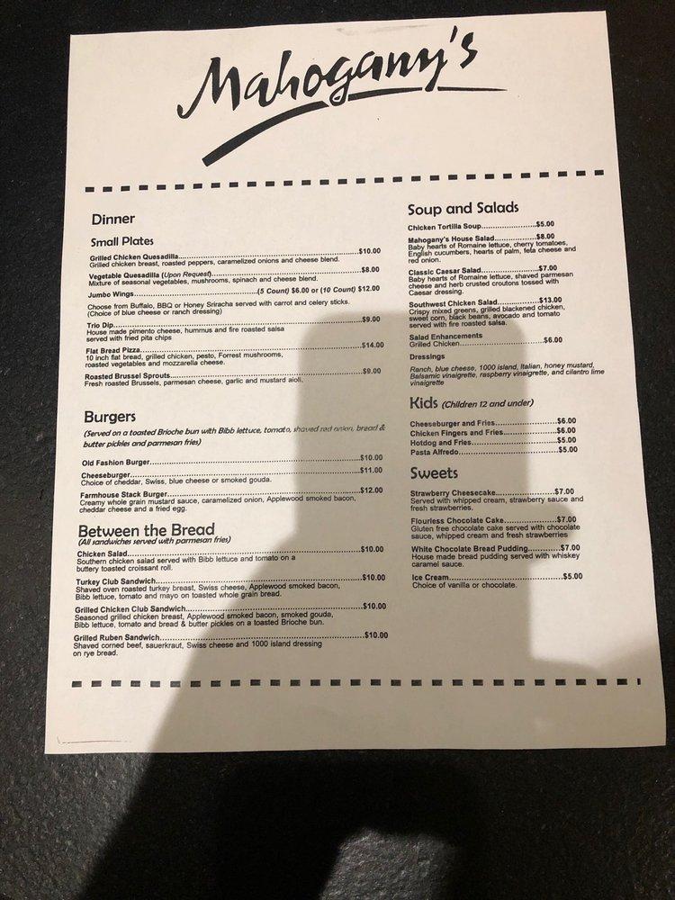 Menu at Mahogany's Restaurant, Knoxville