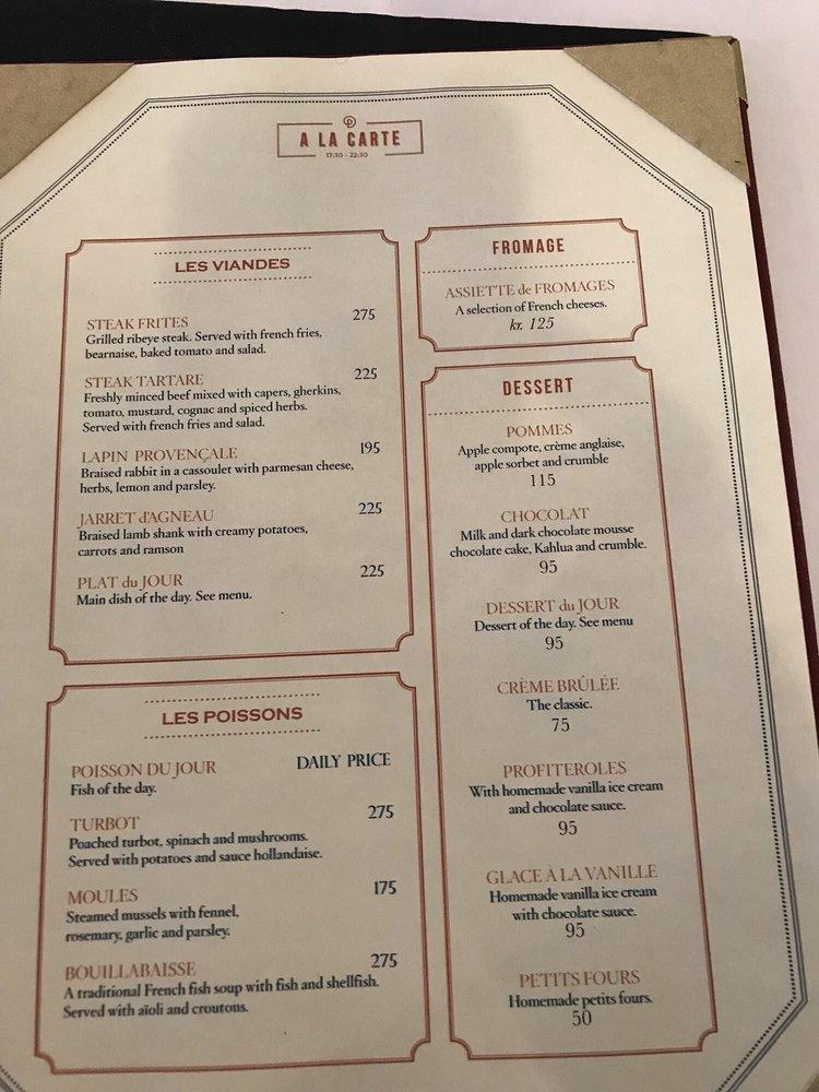 Menu at Pastis restaurant, Copenhagen