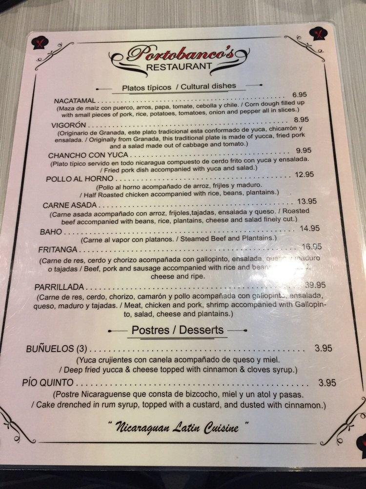 Carta de Portobanco's Restaurant, Los Angeles