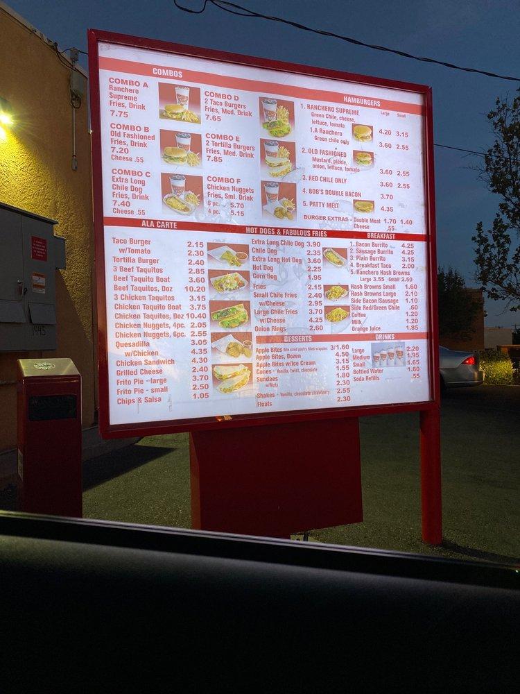 Menu at Bob's Burgers fast food, Albuquerque, Juan Tabo Blvd NE
