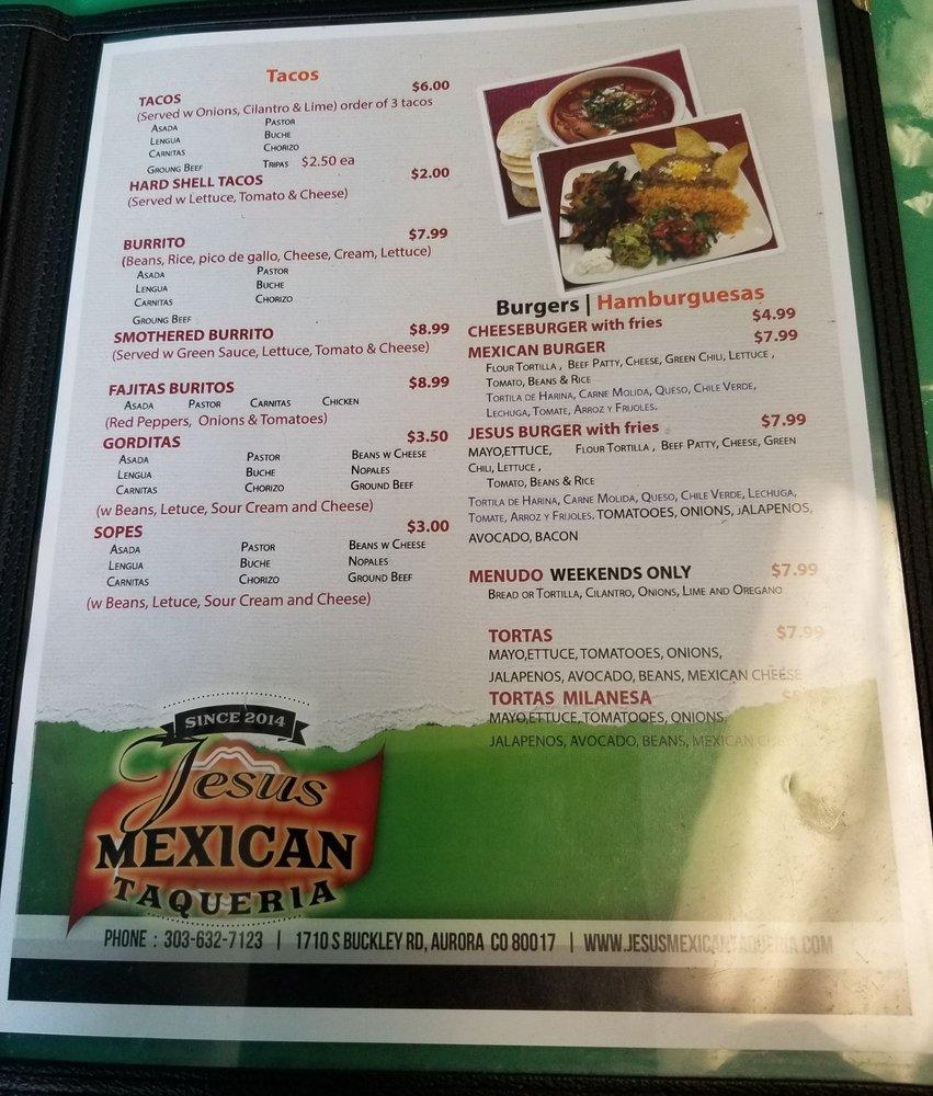 Menu at Jesus Mexican Taqueria restaurant, Aurora