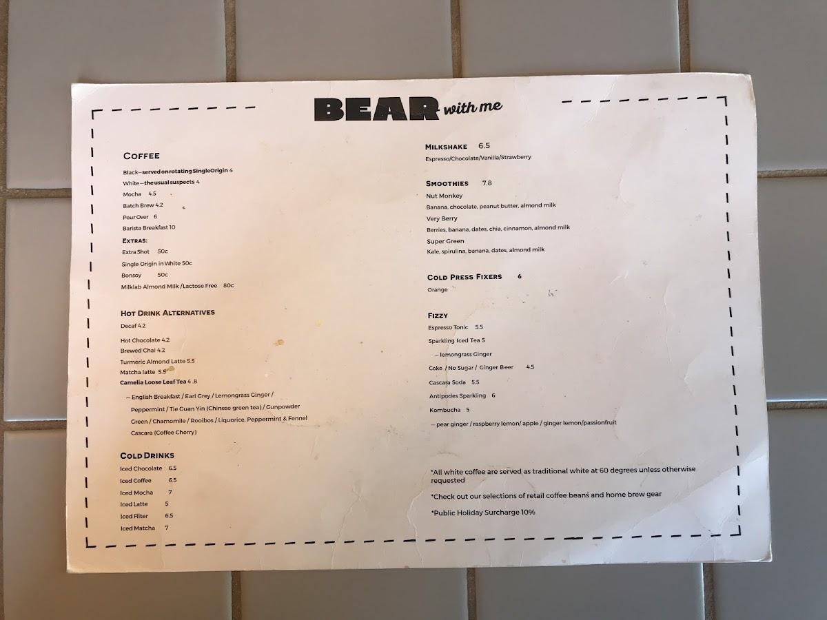 Menu at Bear With Me cafe, South Hobart