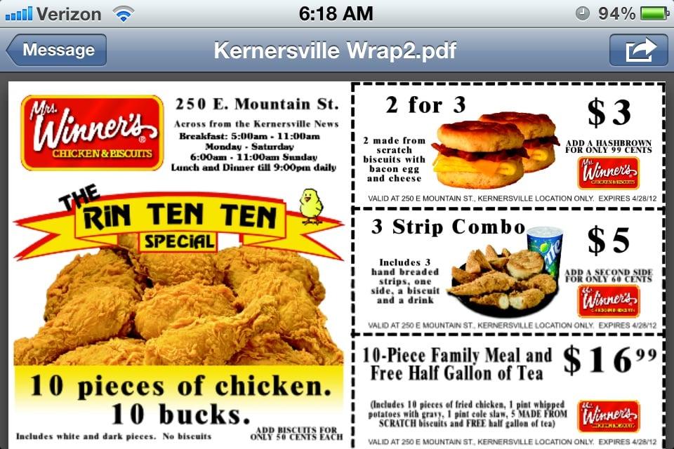 Menu at Mrs Winners Chicken & Biscuits fast food, Kernersville, 250 E