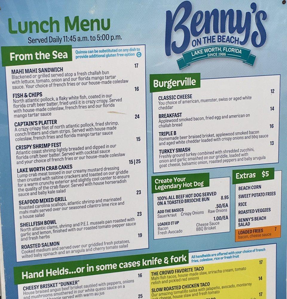 Menu at Benny's On The Beach - Pier pub & bar, Lake Worth