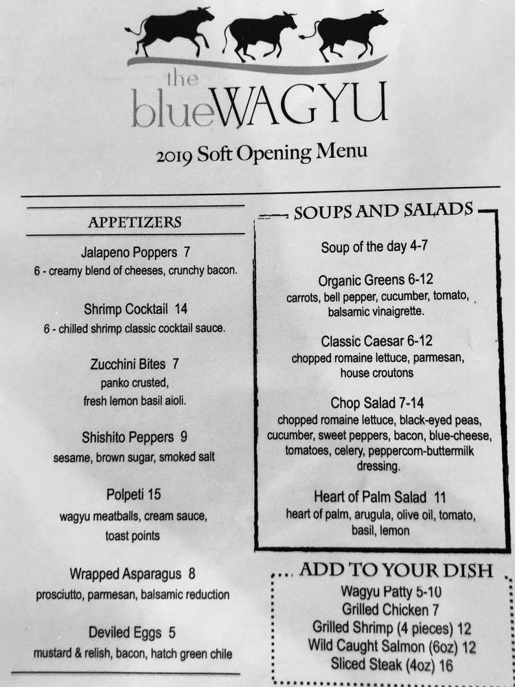 Menu at the blue WAGYU steakhouse, Ocala