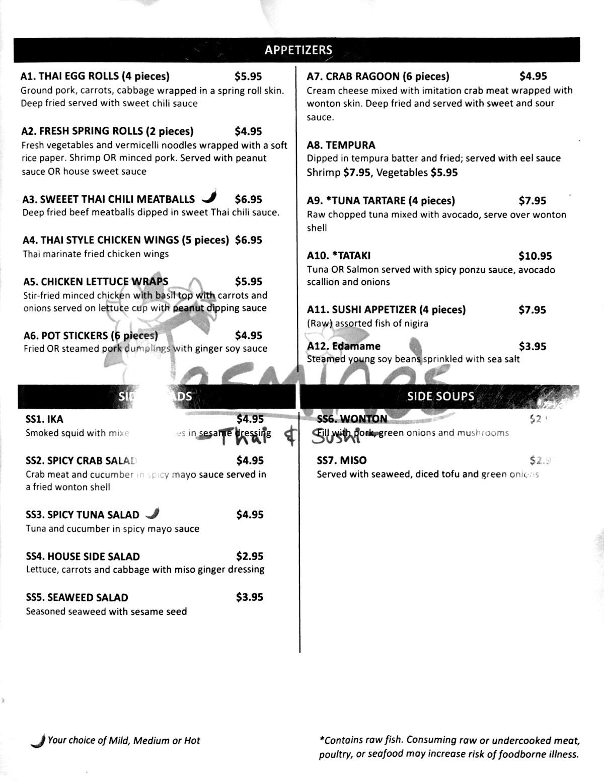 Menu at Jasmine's Thai & Sushi restaurant, Pickerington