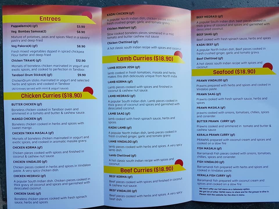 Carta de Indian Fusion Tapas Bar & Restaurant, Yamba