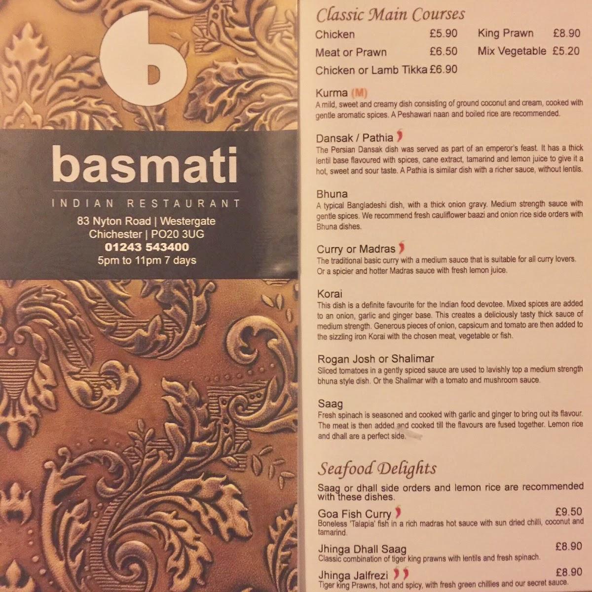 Menu at Basmati Indian Restaurant Chichester, Tangmere