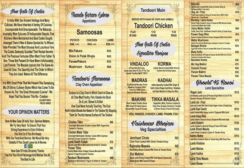 Menu at Gate of India restaurant, Gillitts, Shop 8