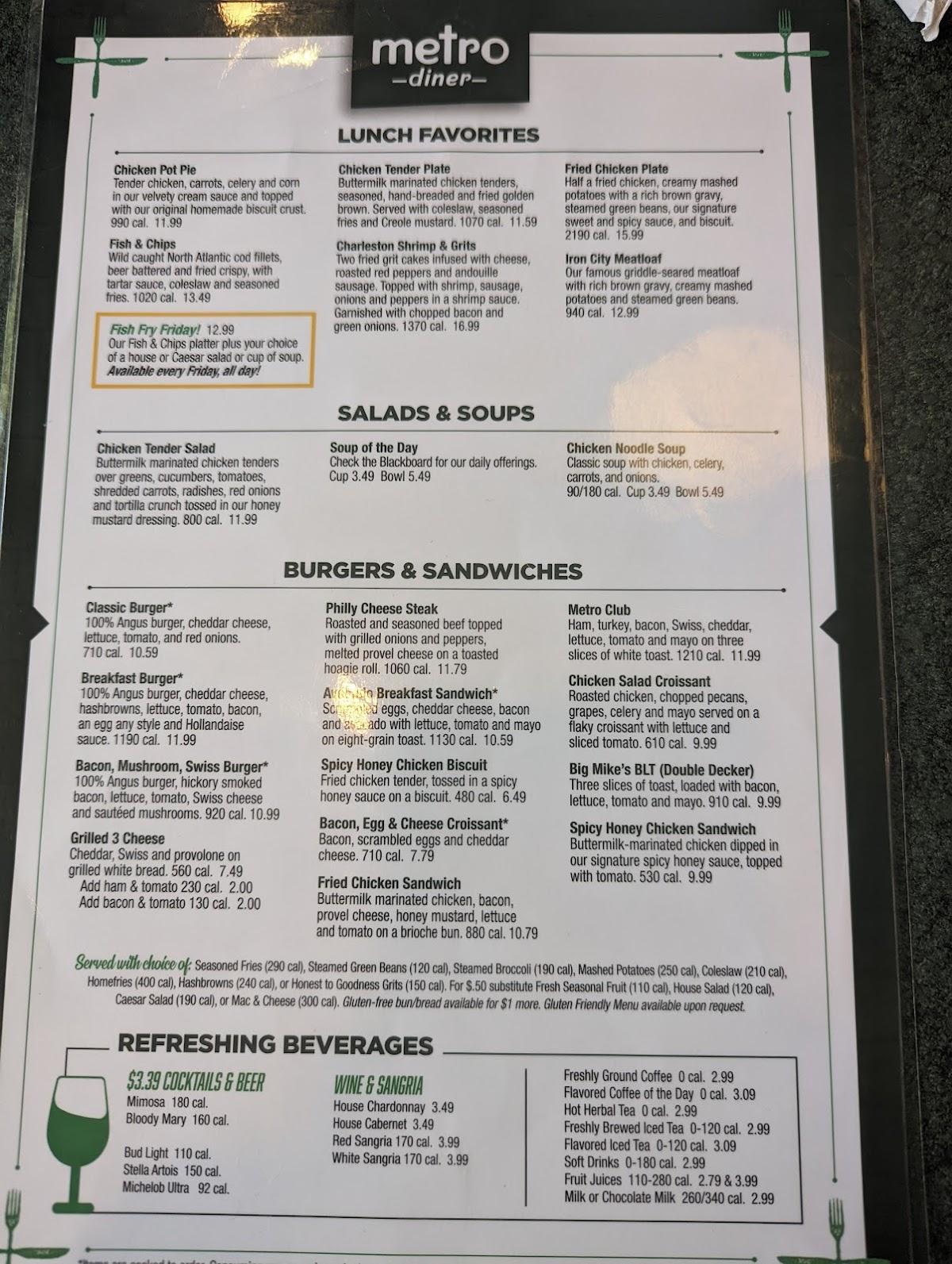 Menu at Metro Diner restaurant, Huntersville, Reese Blvd