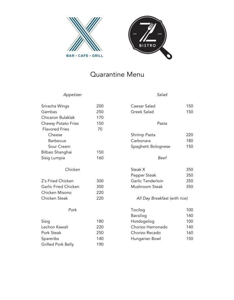 Menu at Z Bistro restaurant, Bacolod