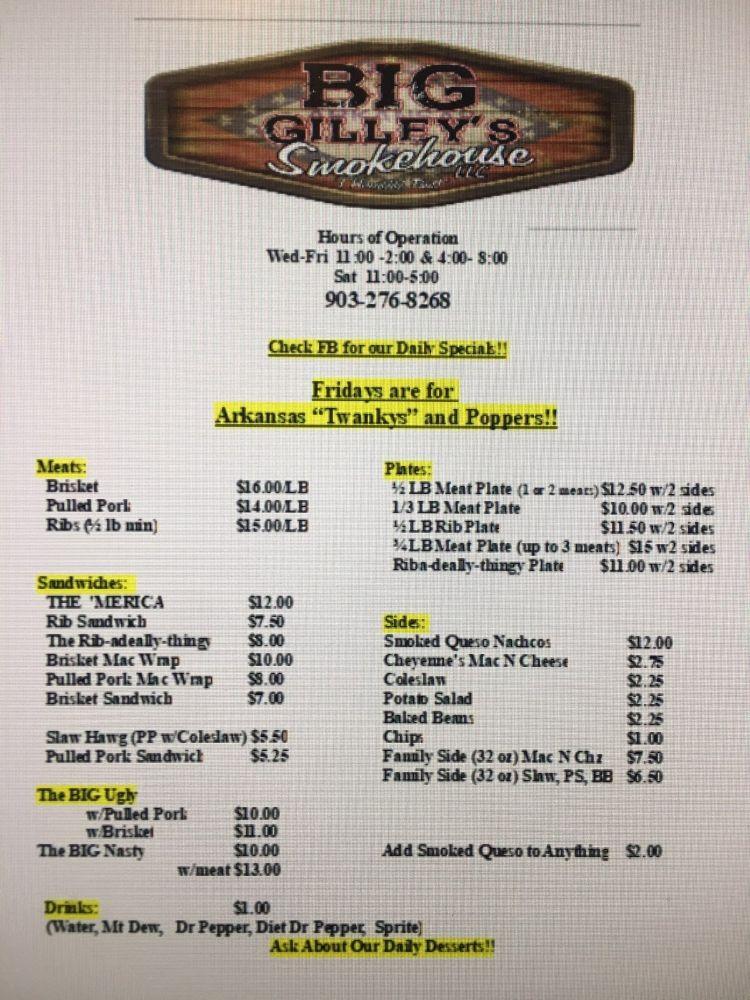 Menu at Big Gilley's Smokehouse and Diner BBQ, Ashdown