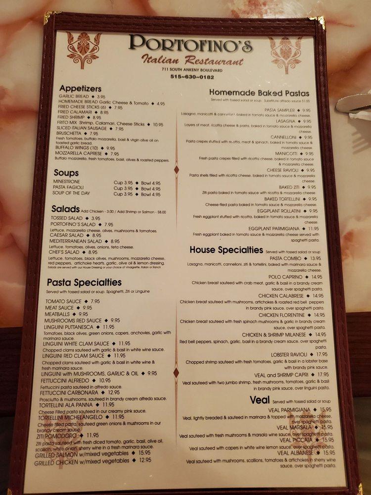 Menu at Portofino's Italian Restaurant & Pizza, Ankeny