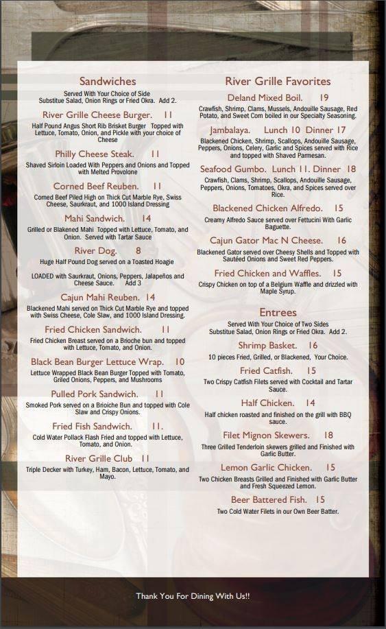 Menu at St. John's River Grille steakhouse, DeLand