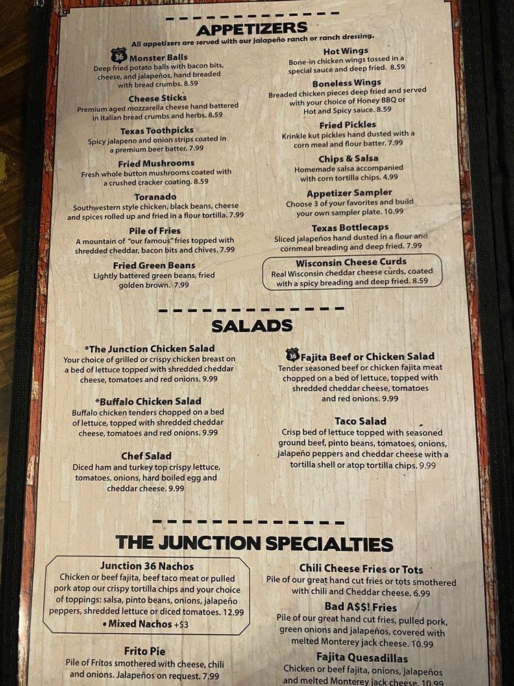 Menu at Junction on Route 36 pub & bar, Gatesville, TX36 N