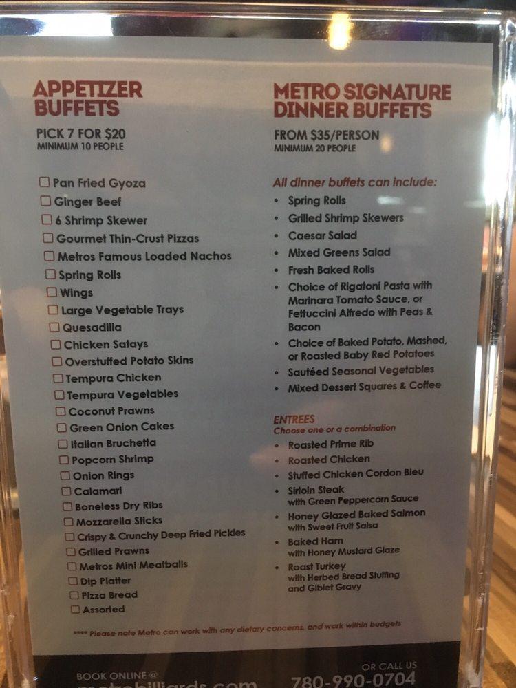 Menu au Metropolitan Billiards pub et bar, Edmonton, Stony Plain Rd