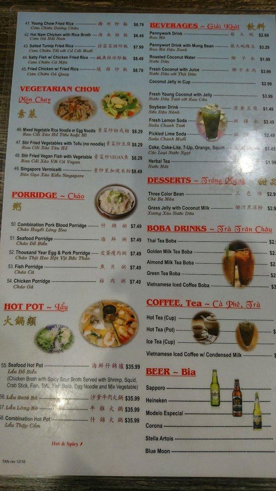 Menu at Tim Ky Noodle restaurant, San Diego